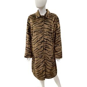 Talbots Coat Women’s Size L Reversible Nylon &Faux Fur Pockets Long Animal Print